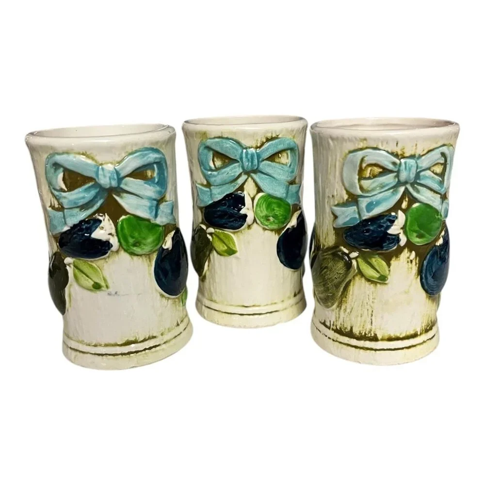 Set of 3 Vintage Napco Ceramic Tumblers C-8265 – Blue Bow & Fruit Design – Japan
